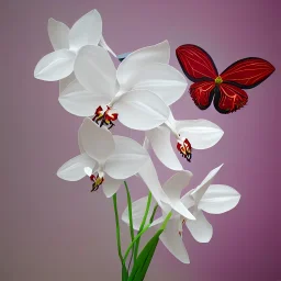 Абстракция Белая ванильная орхидея в вазе с красными бабочками кузнечик