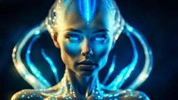 A Photograph with bioluminescent and luminous artistic style photo a alien woman. Full body.An curvy model with translucent irredescent skin showcases an alluring,perfect face in ultra-realistic detail. Blue eyes.The composition imitates a cinematic movie with dazzling,golden and silver light effects.The intricate details, sharp focus, and crystal-clear skin create a highly detailed,studio photo that is as mesmerizing as the works of Carne Griffiths and Ralph Horsley.ultra hd