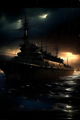 ww2 + abonded damaged battleship +island backgroung + dark night weather + rain + sunset