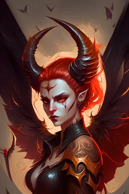 Illustration, Fantasy, Female, Wizard, Devil, Horns, Black, Leather, Clothing, Pointy Ears, Large Wings, Red Hair, Golden Eyes, Magic Circle, Tattoo, Staff, Wing