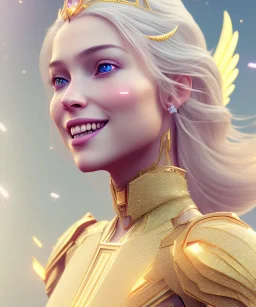 A crystalised queen, atmospheric, realistic, unreal engine, cinematic lighting, octane render, transparent long dress, blonde, full body, bright wings, smile, long hair