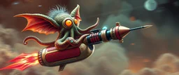 hairy macho gremlin octopus living in a hi tech marvellous hot dog art graphics and gems on rocket with a mounted sling shot mega harpoon, heading for venus , background motion blur and smoke swirls