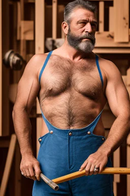 man 50 years old muscular chubby italian carpenter, in tank top , manly chest, tattoo, short beard, with overalls, in a wood shop, 35mm lens, photorealistic , side light