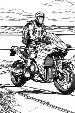 Outline art, no shading, machine bike full body on the road, cartoon style, black and white, low detail, --ar 9:11