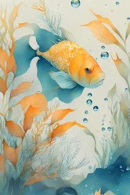 goldfish, sea,plant,underwater,watercolor ,pattern,4k