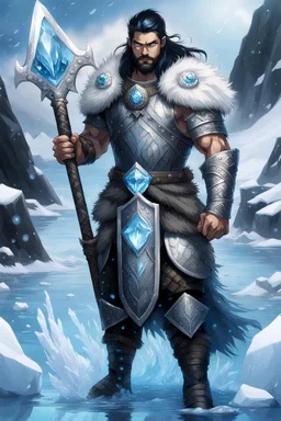 1 mana warrior, with blue eyes and black hair man in silver Viking armor with fur around the neck with blue crystal on his chest , standing in water in the artic, holding a ice axe, warrior in anime style,