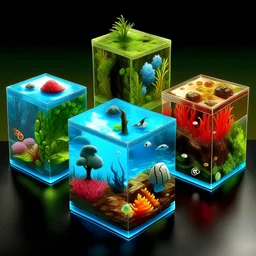 Create a 3D image featuring three separate transparent glass dice, each with a unique and magical scene inside. The first dice contains a miniature lush garden, full of vibrant flowers and miniature creatures. The second dice encases a small ocean scene with colorful coral reefs and tiny marine life. The third dice holds a tiny desert landscape, complete with miniature sand dunes and an oasis. The dice should be set against a simple, elegant background that highlights the magical worlds containe