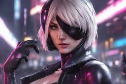 Spidergwen in 8k nier automata anime drawing style, venom them, cinematic mood, neon effect, close picture, rain, highly detailed, high details, detailed portrait, masterpiece,ultra detailed, ultra quality