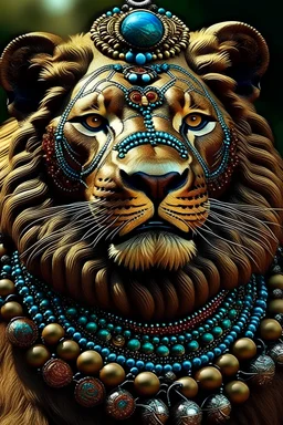 A lion with traditional beads around its neck symbolizing tradition. Should be realistic