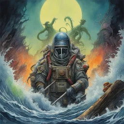 Watercolor and Pen illustration, 80's heavy metal album cover by Wes Benscoter, Holy Diver you've been down too long in the midnight sea, zombie priest in deep-sea diver helmet, Zombiecore, Lovecraftian, Dramatic, complex contrast, dynamic composition, sinister, focused, by Michael Whelan and Graham Sutherland, CGSociety, DIO_album_cover