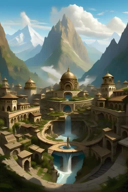 Within the embrace of rugged mountain peaks, this extraordinary town unfolds like a magnificent staircase, each step a testament to the resilience and creativity of its inhabitants. As one enters through the town's gateway, a circular hub graces the heart of the community, crowned by a water fountain that echoes with the collective pulse of the town. At the head of the town, surrounding the central hub, the homes crafted from warm-hued stones stand on the first expansive step. Each step is a pl
