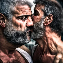 extreme close up photo of two italian prisoners in tank top 40 years old kissing in prison behind bars, chubby, dirty, ugly, bullneck, muscular, short beard, long hairs, manly chest, misery and poverty, emotive eyes, photo 35mm lens, side view, photorealistic, ultradetailed