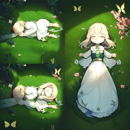 tiny anime girl sleeping in the distance, laying down in a field of flowers, underneath a willow tree, with a butterfly on her nose, hand detail looks human.zoom out