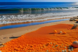 An orange colored beach with a seashore designed in Ica stones painted by Georges Seurat