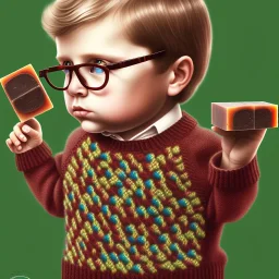 peter billingsley chubby with glasses, holding a single ((Dark red))soap bar, ((brown))argyle sweater