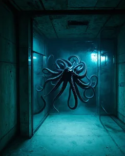 Found footage of huge black slimy shiny shadowy tentacles breaking through glass containment in a a foggy cold dark featureless futuristic concrete hospital bunker deep underground, dramatic angle, horror