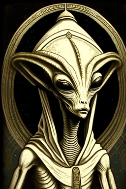 Draw the alien in this image in the style of an old Russian Orthodox Christian icon.