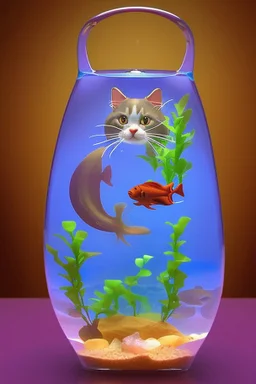 An aquarium glass cat shaped aquarium with fish, colorful fish, in an old style cozy library with a comfortable armchair to sit in and a large aquarium with fish, colorful fish