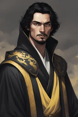 A young man with light facial hair, shoulder-length black hair, yellow eyes, and an imposing black robe
