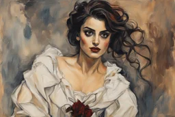 Painting of Penelope Cruz as a vampire girl, in the Expressionist style of Egon Schiele, Oskar Kokoschka, and Franz Marc, in muted natural colors