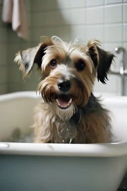 A dog getting a bath: A picture of a dog getting a bath would be a great way to showcase the salon’s bathing services.
