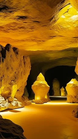A golden yellow cave with round crystals painted by Pablo Picasso