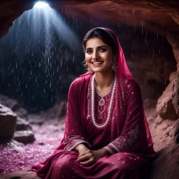 Hyper Realistic Photographic Outside View Of A Gorgeous Pashto Girl (Wearing Simple Burgundy Colored Dress With White Embroidery & Wearing Pink Dupatta On Her Neck) Happily Sitting & Smiling Boldy In A Cave With Glowing Little Crystals, With Heavy Rain Outside Cave At Dark Night Showing Dramatic & Cinematic Ambiance.