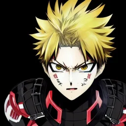 Detailed anime portrait of bakugo from my hero academia, gold hair and golden eyes, black suit, intricate details, full body portrait, keep head in frame, slight smile, black Japanese motif, concept art, highly detailed, digital painting, concept art, sharp focus, illustration, art by Yoji Shinkawa, WLOP and greg rutkowski and alphonse mucha and artgerm and yanjun Chen and Junji ito and Makoto Shinkai, HDR, octane render