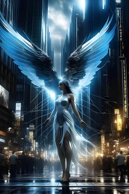 un ángel eléctrico cae en medio de una ciudad agitada
