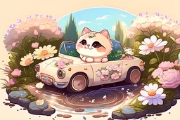 a cute proud chibi fluffy beige cat driving a car made of flower buds: roses, forget-me-nots, hydrangeaes on a cobblestone road in a forest next to a pond in sunshine
