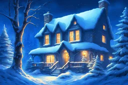 cottage in the woods, warmly lit windows at night, blue cold surroundings, snow-covered trees, starry night, magical atmosphere, contrasting colors, ultra detailed, fantasy, illustration, by Thomas Kinkade and Hayao Miyazaki, deviantart, stunningly beautiful, cinematic, dreamlike