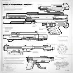 double internal page of the ASSEMBLY & DISASSEMBLY GUIDE FOR Futuristic Biometric Assault Rifle Blueprint Android Spec Sheets Diagrammatic Illustrations for androids, detailed instructions and diagrams