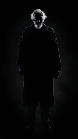 Creepy silhouette of a scary grandfather in full growth on a black background