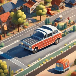 On the map of Route 66, a journey unfolds in poetic harmony. A 3D isometric view captures a camping car meandering along the historic road, its wheels spinning tales of adventure and nostalgia. The sun dances upon the asphalt, painting shadows that whisper secrets of the land. In this whimsical scene, the camping car becomes a traveler's haven, a vessel of dreams cruising through time.