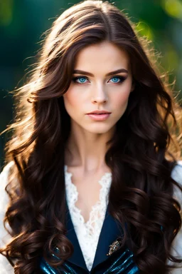 pretty18 year old girl with long wavy chocolate brown side swept hair. Blue eyes. wearing a vest. dark romance fantasy