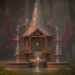 a fairy fountain, scary, steam punk, realistic, made in octane, cinematic, ultra-realistic, extremely detailed octane rendering, 8K, VRAY Super Real ar 2:3, dof photorealistic futuristic 50mm lens hard lighting dark gray tintype photograph, realistic lighting, sepia color