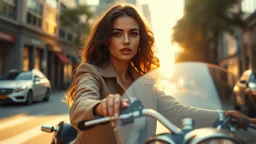 Create an ultra-realistic cinematic 8K fullbody of lady mode skin texture, add makeup,pretty boots,curvy long hair. Style: fashion editorial, confident is driving a roofless rolroise in streets of a modern city. Lighting: warm golden hour sunlight, soft rim light. Camera look: shallow depth of field, film grain, cinematic color grade. Outfit: keep similar to the original or elevate slightly with premium casual style.
