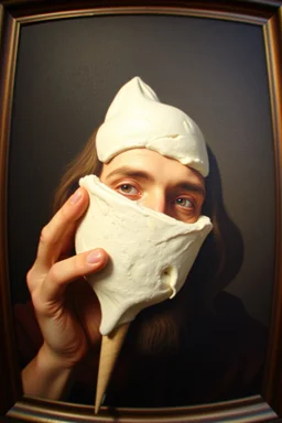 pin hole cam, master oil painting by Rembrandt, realistic rendering Portrait of Ice cream in the shape of Jesus