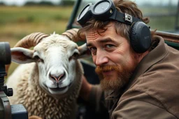 a portrait of a head mechanic, with a hybrid mixed body part sheep, fixing (close up old land rover 4x4) in the countryside