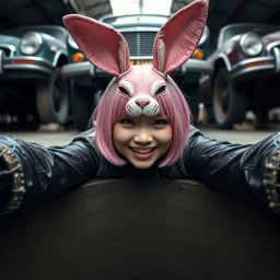 Closeup Goth Asian woman smiling, lying pose, rabbit mask, pink short hair, latex suit, ragged clothes, fullbody, dieselpunk, valves and old cars behind, the perspective looking up from the bottom of an empty well , 8k,macro photography,
