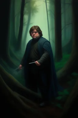 1970's dark fantasy cover dnd style oil painting of obese fat luke skywalker with light saber into the woods with minimalist far perspective