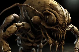 Insectoid creature with scorpion like features and a spider like face, insane detail, 40 , horror background