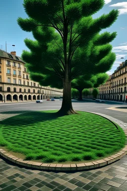 a tree standing in a circle of grass in the middle of a tile road in the city