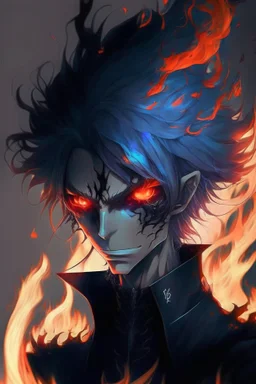 Anime with wight hair and black clothes and power fire and eyes of sharengan and cool face