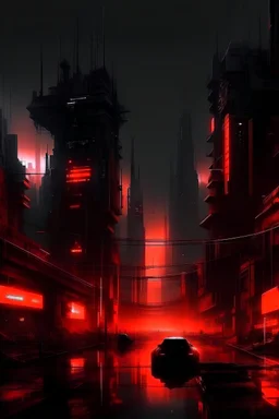 pos-apocalyptic cyberpunk city in the year of 2222, abstract black painting, illuminated red neon, concept art, dark, high contrast, make it as a sticker