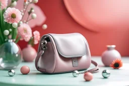 top shot of a purse on a pink table with flowers, gray spheres in the background, product photography in style of Kodak Portra — style raw — q 2 — s 250 — v 5.2 — ar 9:16