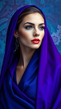 A breathtakingly captivating woman, draped in stunning violet and blue garments against a mesmerizing background. The elegant subject exudes grace and beauty, with striking features and an aura of sophistication. This exquisitely detailed portrait, whether a painting or photograph, showcases the woman's enchanting allure and impeccable sense of style. The richness of colors and textures, coupled with the overall composition, elevate this image to a truly exceptional and mesmerizing work of art.