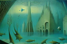 An underwater city by "Leonora Carrington" and "Max Ernst"