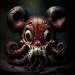 octopus mickey mouse hybrid, photorealism, horror, evil, hungry, rotted, high resolution,