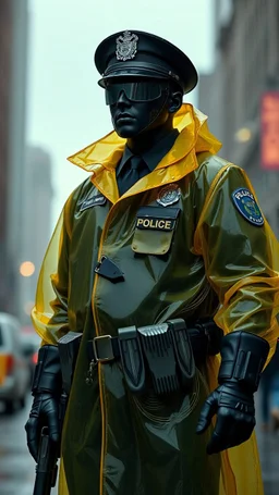 vintage, nypd full body color 1920 black policeman with exoskeleton wtih heavy yellow rain transparent coat